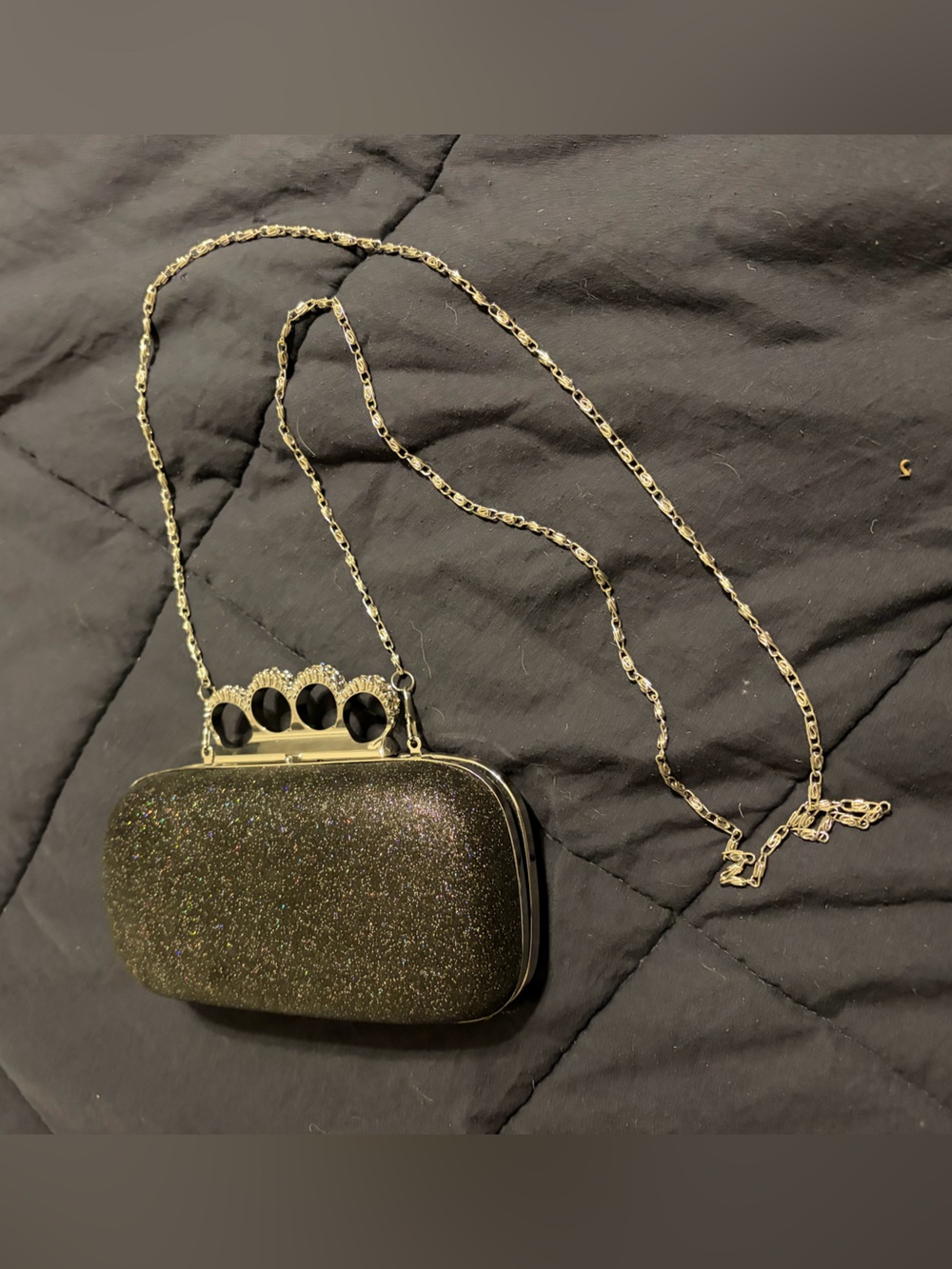 Arbonne Black Glitter Rhinestone Brass Knuckle Clutch Crossbody Purse ♠️